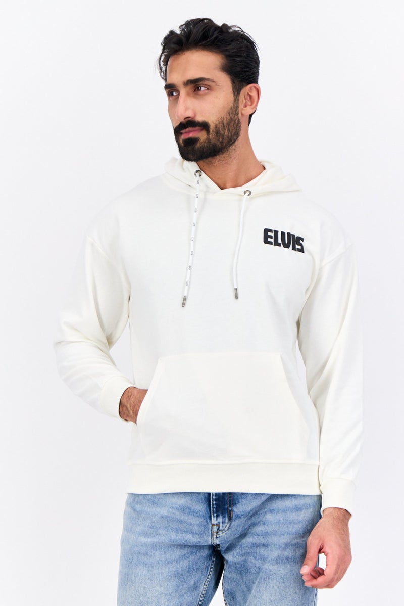 ELVIS سويت شيرت رجالي بغطاء رأس بشعار العلامة التجارية بأكمام طويلة، أبيض فاتح - Image 1