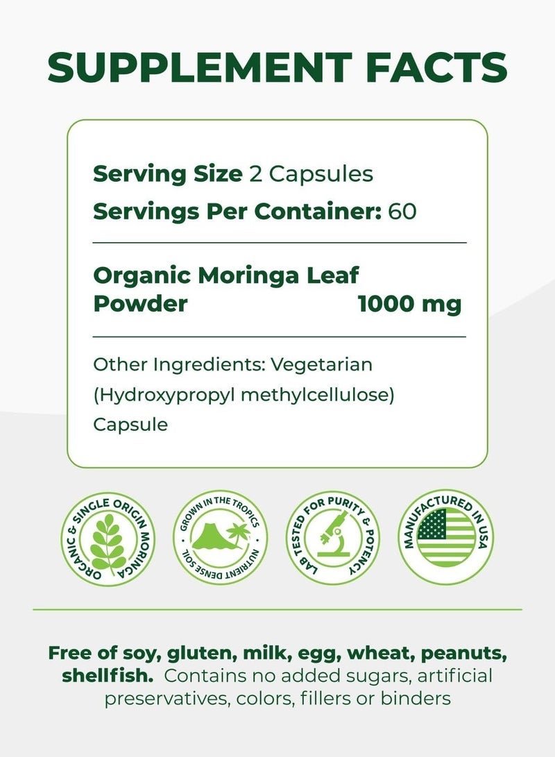 مورينجا Capsules Single Origin Moringa Powder Organic. Moringa Leaf. Energy, Metabolism, & Immune Support. 120ct. 500mg Caps. - Image 2