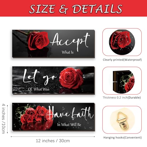ZINYAZHE 3 Pcs Red Decor Flower Inspirational Wooden Wall Art Red Roses Office Wall Decor with Accept Let Go Have Faith Positive Quotes for Girl Women Bathroom Living Room Bedroom(Red Rose12 x 4 Inch) - Image 3