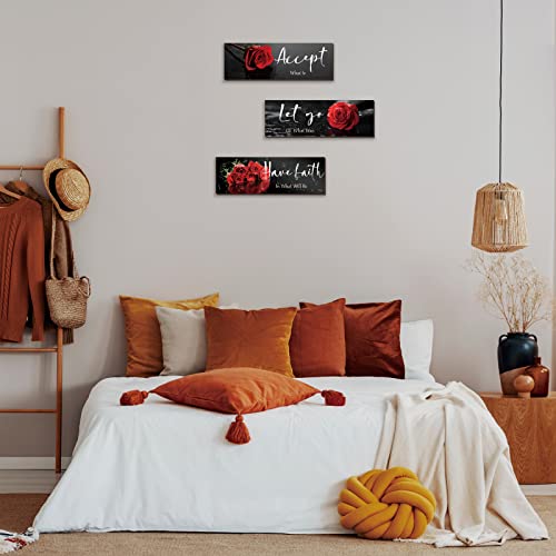 ZINYAZHE 3 Pcs Red Decor Flower Inspirational Wooden Wall Art Red Roses Office Wall Decor with Accept Let Go Have Faith Positive Quotes for Girl Women Bathroom Living Room Bedroom(Red Rose12 x 4 Inch) - Image 4