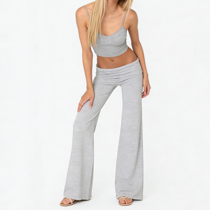 FOMOYUU Lounge Yoga Pants for Women Fold Over Low Waist Wide Leg Sweatpants Flare Leggings Bell Bottoms Y2K Foldover Pants (Gray, M) - Image 5