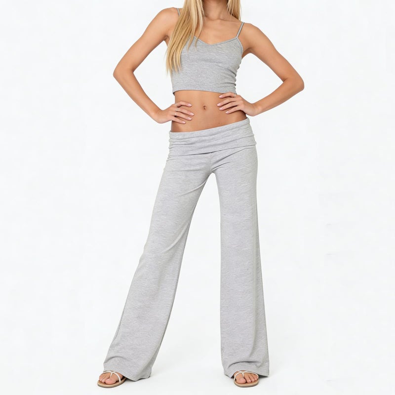 FOMOYUU Lounge Yoga Pants for Women Fold Over Low Waist Wide Leg Sweatpants Flare Leggings Bell Bottoms Y2K Foldover Pants (Gray, M) - Image 4