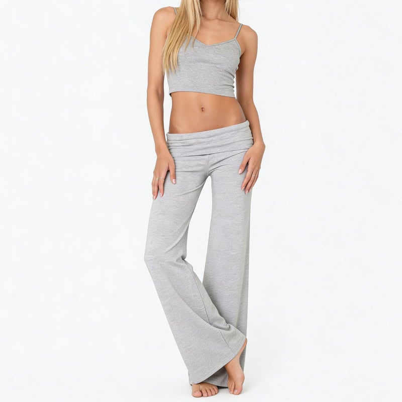 FOMOYUU Lounge Yoga Pants for Women Fold Over Low Waist Wide Leg Sweatpants Flare Leggings Bell Bottoms Y2K Foldover Pants (Gray, M) - Image 3