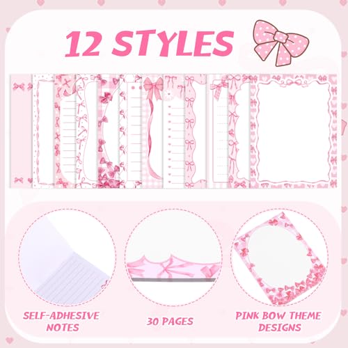 Chiisong 12 Pcs Pink Bow Sticky Notes Coquette Bowknot Self Adhesive Notepad Removable Memo Pad Pink Bow Party Supplies for Home Office Decor Birthday Wedding Bachelorette Party Decorations - Image 2