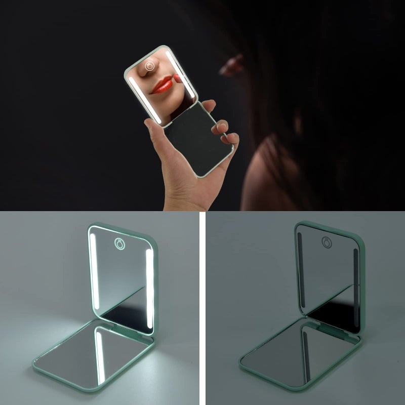 Kintion Kintion Rechargeable Pocket Mirror  Double Sided 1X/3X Magnification Compact Vanity Mirror  3 Color Lights  Dimmable  Small Portable Wallet Mirror  Lighted Travel Mirror for Women Gifts  Cyan  - Image 3