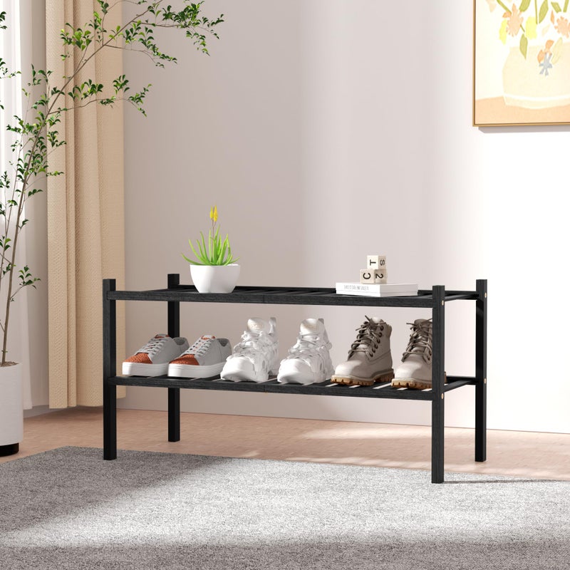 ROMGUAR CRAFT 2 Tier Bamboo Shoe Rack for Closet Free Standing Wood Shoe Shelf for Entryway Small Space Stackable 27"x11"x13" (Black) - Image 2