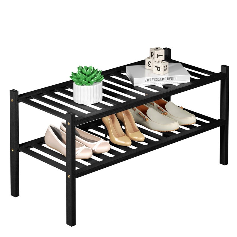ROMGUAR CRAFT 2 Tier Bamboo Shoe Rack for Closet Free Standing Wood Shoe Shelf for Entryway Small Space Stackable 27"x11"x13" (Black) - Image 1