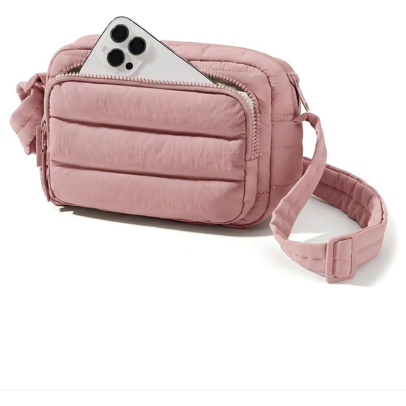 Crossbody Bags for Women: Quilted Light Pink Puffer Tote with Adjustable Strap, RFID Blocking Slots, Travel-Friendly Small Handbag Wallet - Image 1