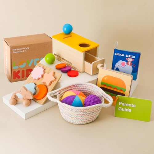 let's make Montessori Toys for Babies 612 Months 6 in 1 Learning Educational Toys Set Wooden Toys Play Kit Includes Object Permanence Box Touch Match Board Sensory Ball Treasure Basket Soft Baby Book - Image 1