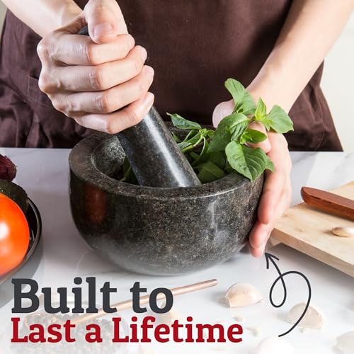 Priority Chef طقم مدقة وهاون بيريورتي شيف الثقيلة، 1.5 كوب، 100% جرانيت، قاعدة غير قابلة للانزلاق، لصنع غواكامولي طازج، صلصة، بيستو، وعاء مطحنة حجرية، كسارة أعشاب، مطحنة توابل، 5.5 بوصة - أسود - Image 2