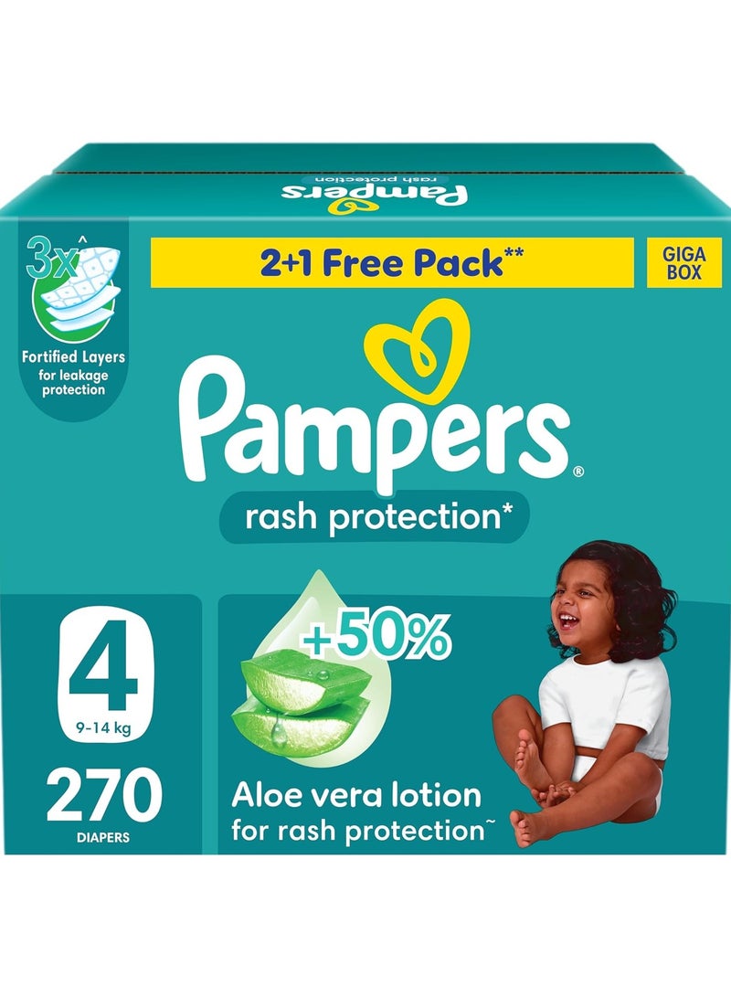 Pampers Rash Protection Taped Diapers, Size 4, 9-14kg, +50% Aloe Vera Lotion for Rash Protection, 3x Fortified Layers for Leakage Protection, Giga Box, 270 Count