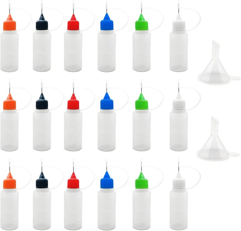 MYYZMY 18 Pcs Precision Tip Applicator Bottles, 0.5 Ounce Translucent Glue Bottles, with 2 Funnel for Paper Quilling DIY Craft, Multicolor Lids - Image 1