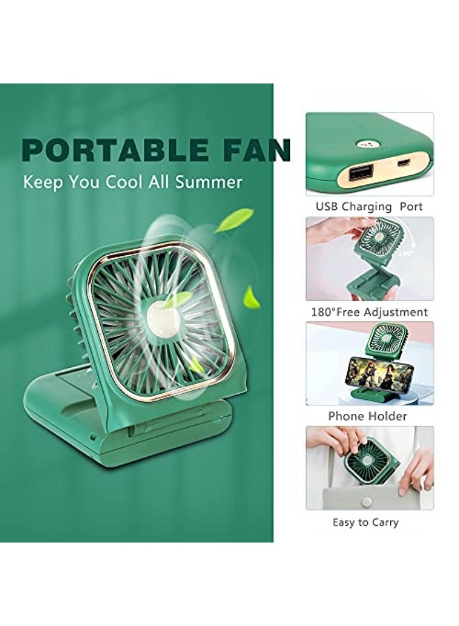 NIBEMINENT Portable Mini Fan - 5 in 1 with Phone Holder, Desk Fan, USB Rechargeable, 3000 mAh Power Bank, 3 Speed Adjustable, Neck Lanyard, Green - Image 2
