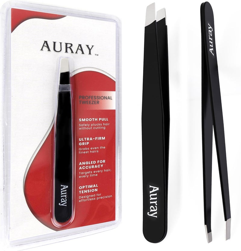AURAY Eyebrow Tweezers Women Facial Hair Stainless Steel Facial Hair Removal Precision Tweezer for Men Women in Black Slanted Tip Eyebrow Plucker for Easy Plucking Professional Tweezers by AURAY - Image 1