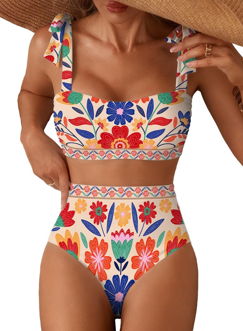 Herseas Womens Bikini Sets Two Piece Full Coverage Swimsuits Shoulder Strap Knot Padded High Rise Tummy Control Bathing Suits Teens Slimming Swimwear Beach Vacation Clothes Orange Medium - Image 1