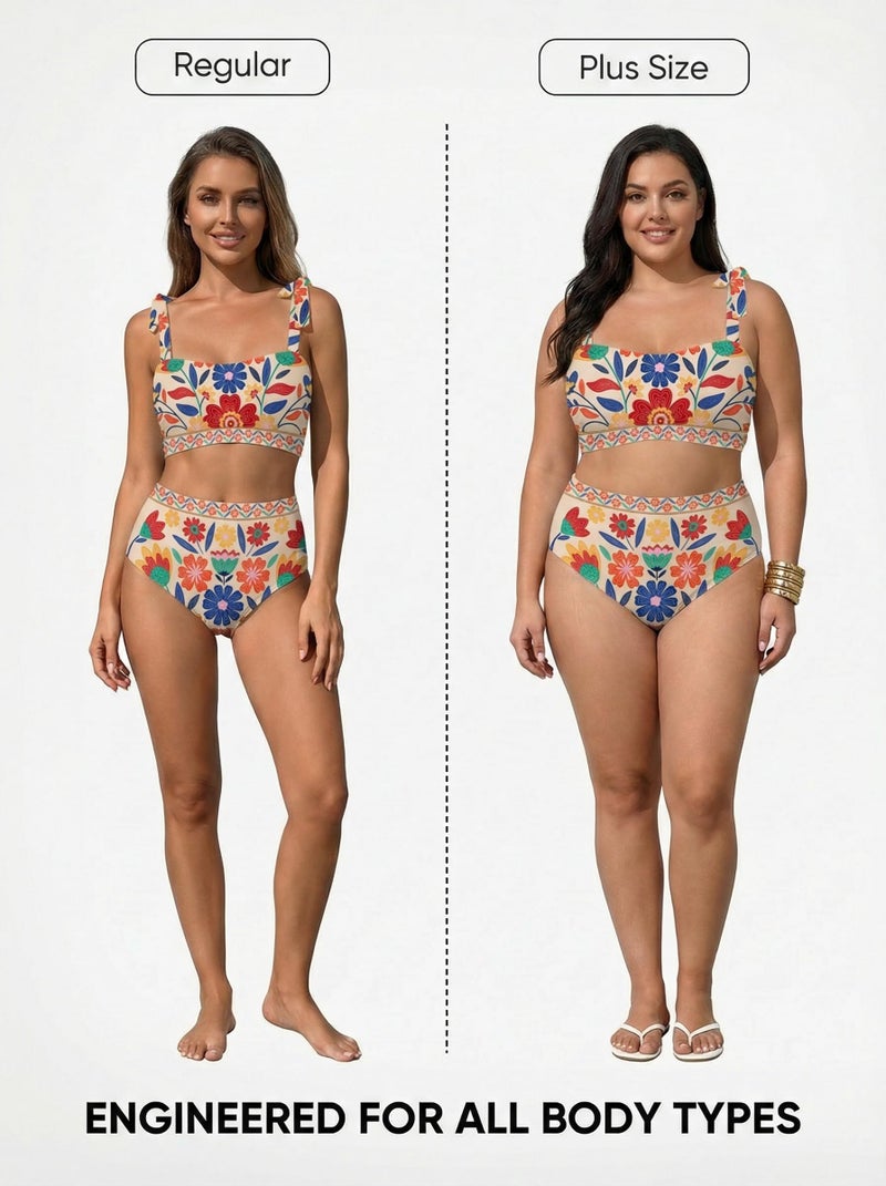 Herseas Womens Bikini Sets Two Piece Full Coverage Swimsuits Shoulder Strap Knot Padded High Rise Tummy Control Bathing Suits Teens Slimming Swimwear Beach Vacation Clothes Orange Medium - Image 4