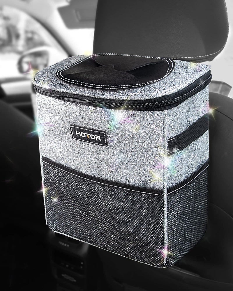 HOTOR Car Trash Can with Lid and Storage Pockets  100 LeakProof Organizer Waterproof Garbage Can Multipurpose Trash Bin for Car 2 Gallons Sparkle White