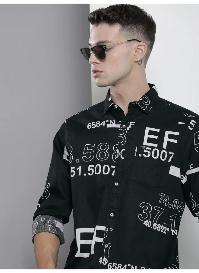 The Indian Garage Co Black Regular Fit Casual Printed Cutaway Collar Full Sleeves Cotton Shirt