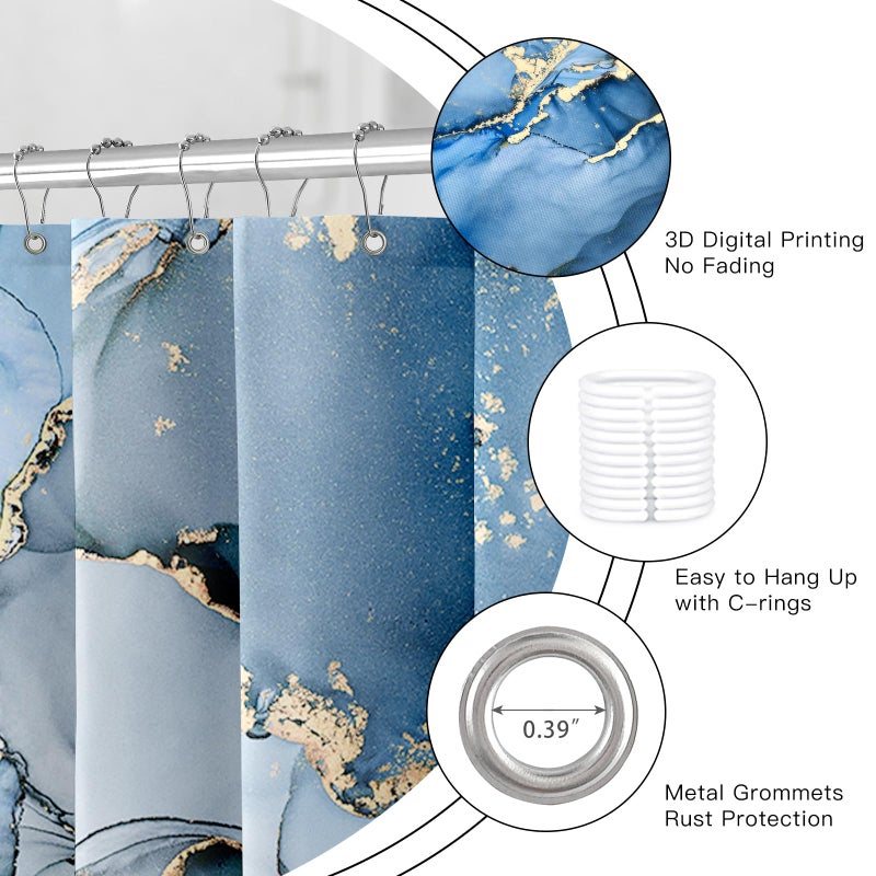 BayNook Blue Marble Shower Curtain, Modern Abstract Fabric Shower Curtain for Bathroom, Luxury Art Decor Blue Gold Ink Texture Watercolor Shower Curtain Set with Hooks 72x72 - Image 5