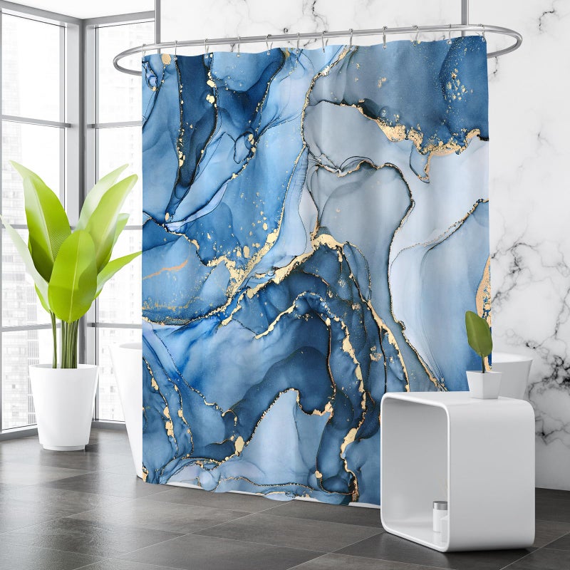 BayNook Blue Marble Shower Curtain, Modern Abstract Fabric Shower Curtain for Bathroom, Luxury Art Decor Blue Gold Ink Texture Watercolor Shower Curtain Set with Hooks 72x72 - Image 3