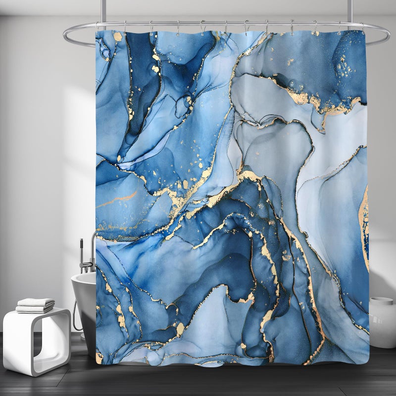 BayNook Blue Marble Shower Curtain, Modern Abstract Fabric Shower Curtain for Bathroom, Luxury Art Decor Blue Gold Ink Texture Watercolor Shower Curtain Set with Hooks 72x72 - Image 1