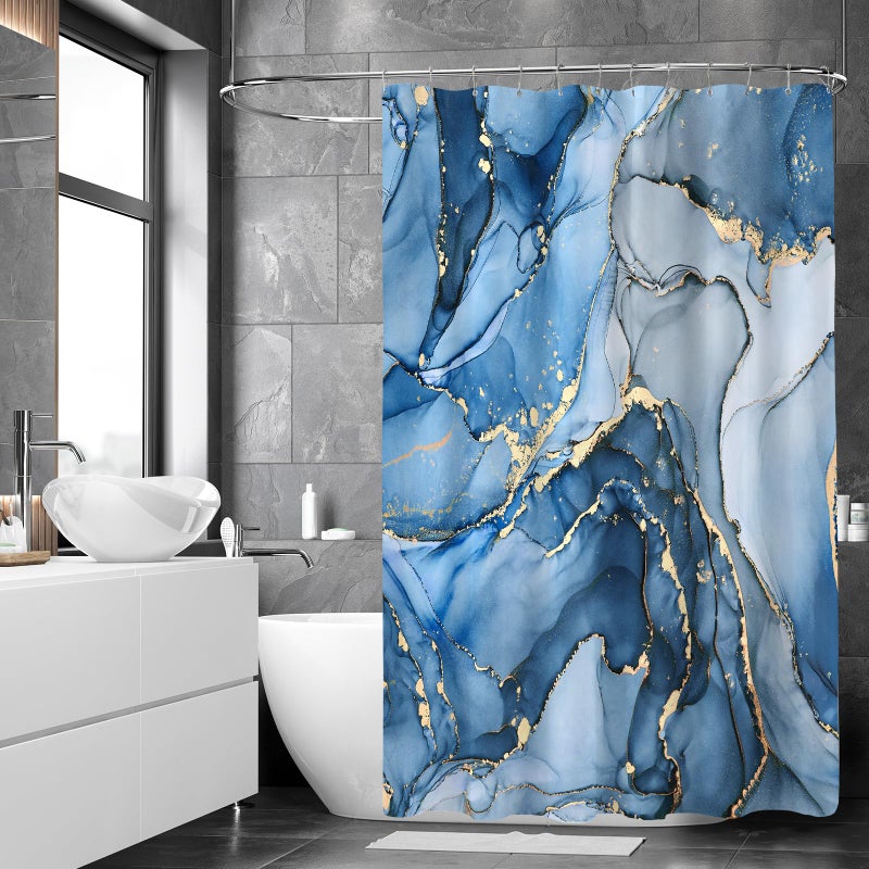 BayNook Blue Marble Shower Curtain, Modern Abstract Fabric Shower Curtain for Bathroom, Luxury Art Decor Blue Gold Ink Texture Watercolor Shower Curtain Set with Hooks 72x72 - Image 2