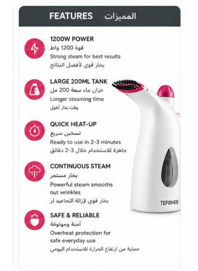 TEFONER Portable Steam Iron 1200W Handheld Garment Steamer 200ml Fast Heat Travel Clothes Steamer Wrinkle Remover for Clothes Curtains Fabric - Image 3