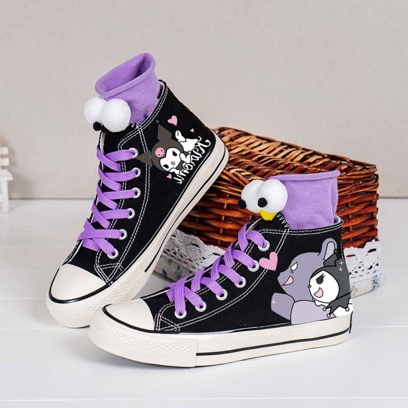 Touz Moda Kuromi&bear Printed Lilac Lace Black Canvas Shoes  - Image 2