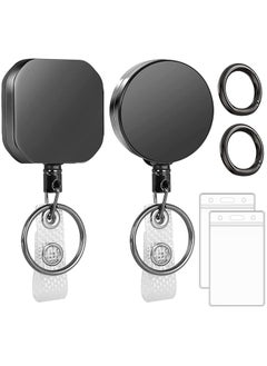 Y&D Metal Heavy Duty Retractable Badge Holders Reel 2 Pack Business Card Holder with Key Chain Keychain and Plastic ID 25.6 inches Reinforced Wire Cord Round & Square  - Image 1