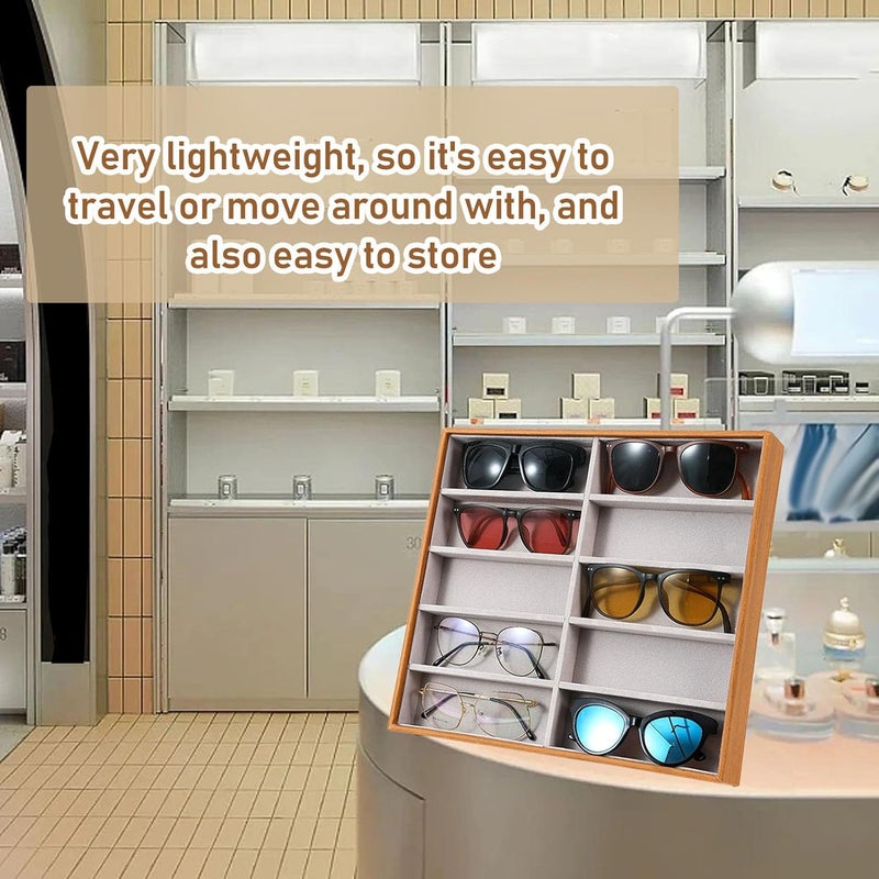 كلاراكو منظم النظارات الشمسية، حافظة عرض نظارات من الجلد الصناعي والخشب الصلب مع 10 فتحات، حافظة تخزين نظارات خفيفة الوزن محمولة بسعة كبيرة للنساء والرجال - Image 2