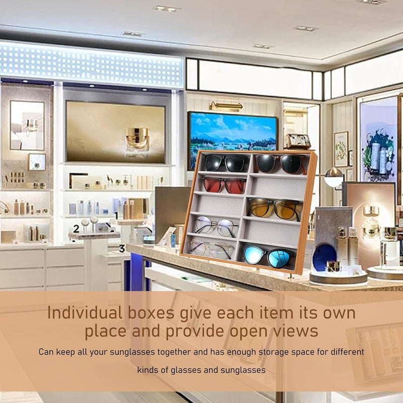 كلاراكو منظم النظارات الشمسية، حافظة عرض نظارات من الجلد الصناعي والخشب الصلب مع 10 فتحات، حافظة تخزين نظارات خفيفة الوزن محمولة بسعة كبيرة للنساء والرجال - Image 3