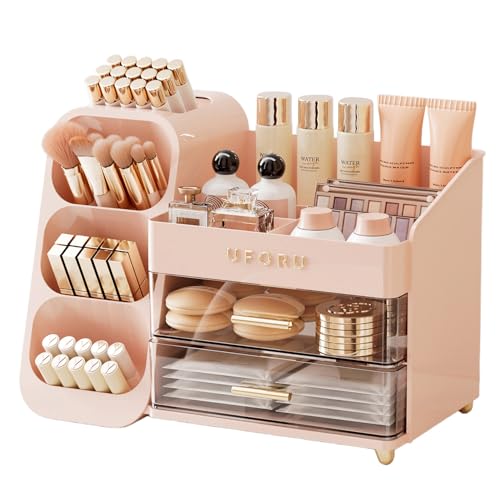 UFORU Makeup Organizer for Vanity with Brush Holder Large Capacity Bathroom Countertop Skincare Organizer with 2 Drawers Cosmetic Display Case for Perfumes Eyeshadow Palettes Nail Polishes - Image 1