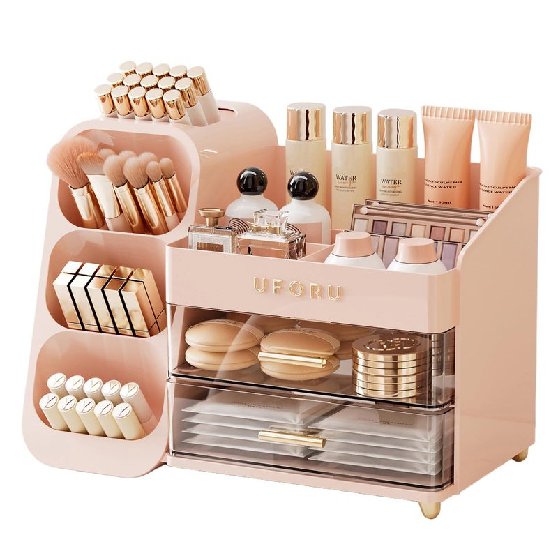 UFORU Makeup Organizer for Vanity with Brush Holder Large Capacity Bathroom Countertop Skincare Organizer with 2 Drawers Cosmetic Display Case for Perfumes Eyeshadow Palettes Nail Polishes - Image 2