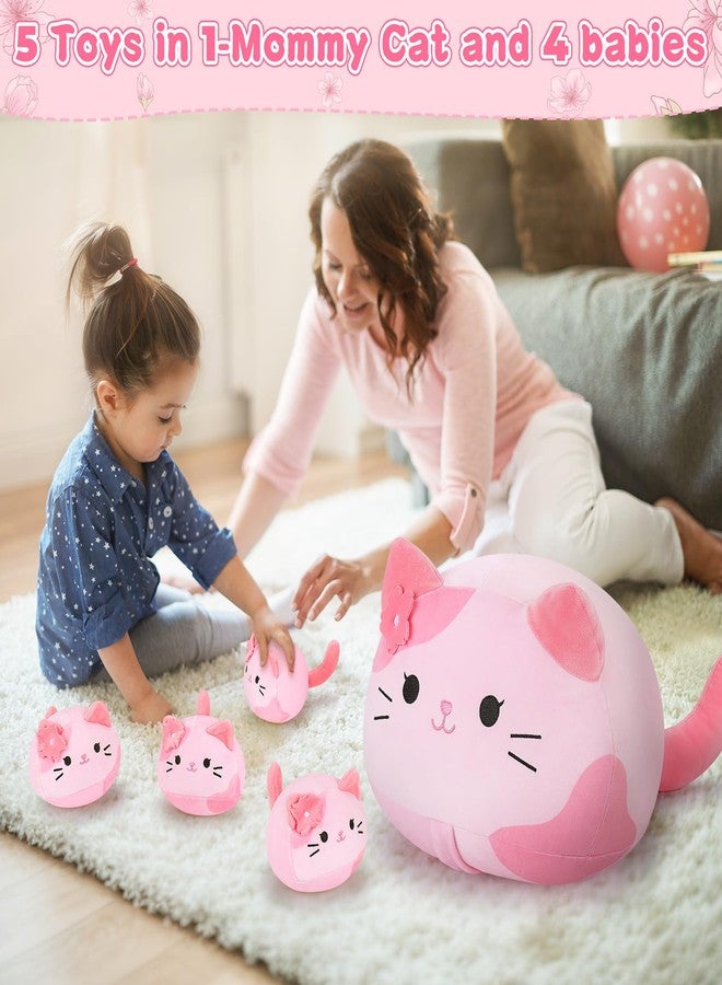 Auspicious beginning 5 PCS Pink Sakura Cat Plush Stuffed Animal Family-19" Soft Pink Sakura Cat Plush, Large Mommy Plushies with 4 Baby Kittens Plushies, Kawaii Plush Toy Christmas Birthday Gifts for Kids Boys Girls - Image 4