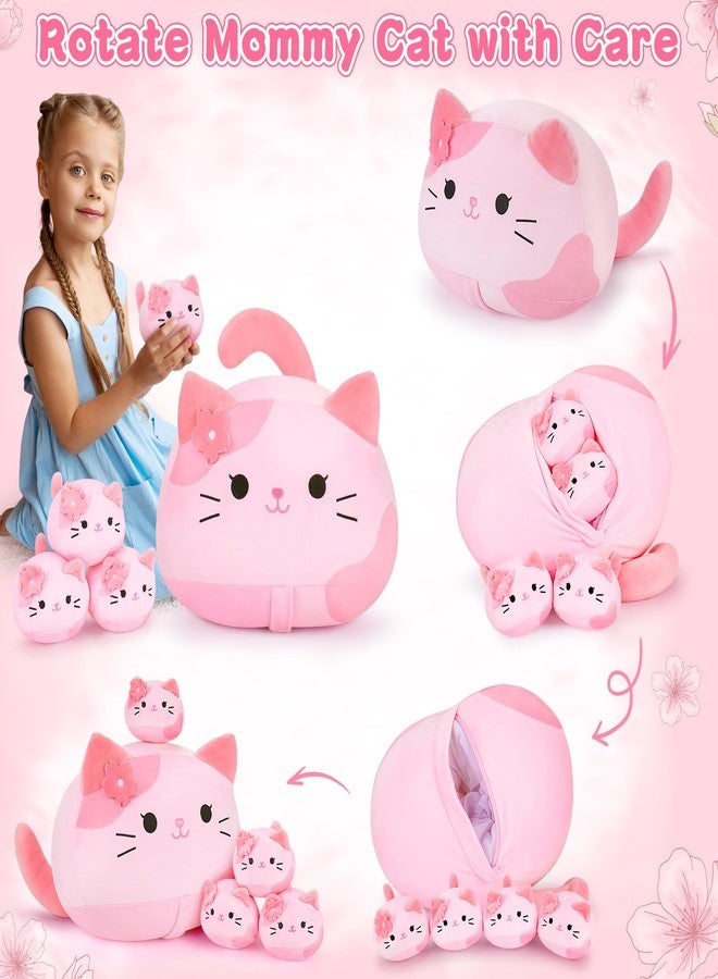 Auspicious beginning 5 PCS Pink Sakura Cat Plush Stuffed Animal Family-19" Soft Pink Sakura Cat Plush, Large Mommy Plushies with 4 Baby Kittens Plushies, Kawaii Plush Toy Christmas Birthday Gifts for Kids Boys Girls - Image 3