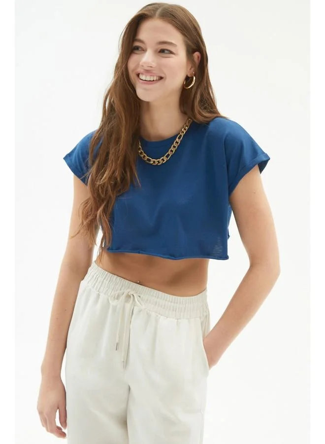 جون June Women 100% Cotton Regular Fit Crew Neck Crop Knit Tshirt Indigo