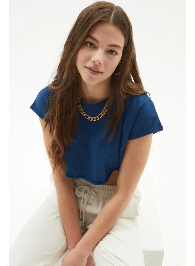 جون June Women 100% Cotton Regular Fit Crew Neck Crop Knit Tshirt Indigo