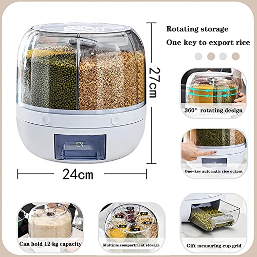 Tray Automatic Plastic 360 Degree Rotation Cereal Dry Food Rice Grain Storage Dispenser Box, with Measuring Cup, 10 kg, White (S) - Image 2