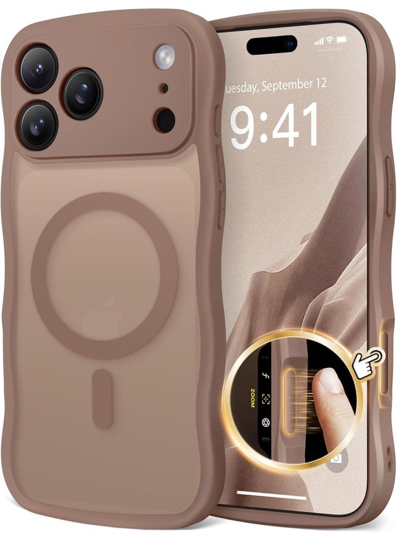 الخامس لطيفة غطاء هاتف مغناطيسي لـ iPhone 17 Pro Max للنساء والفتيات، تصميم مطفي شفاف جزئي بأمواج جذاب، حماية كاملة للكاميرا، متوافق مع ماج سيف، اللون بني - Image 1