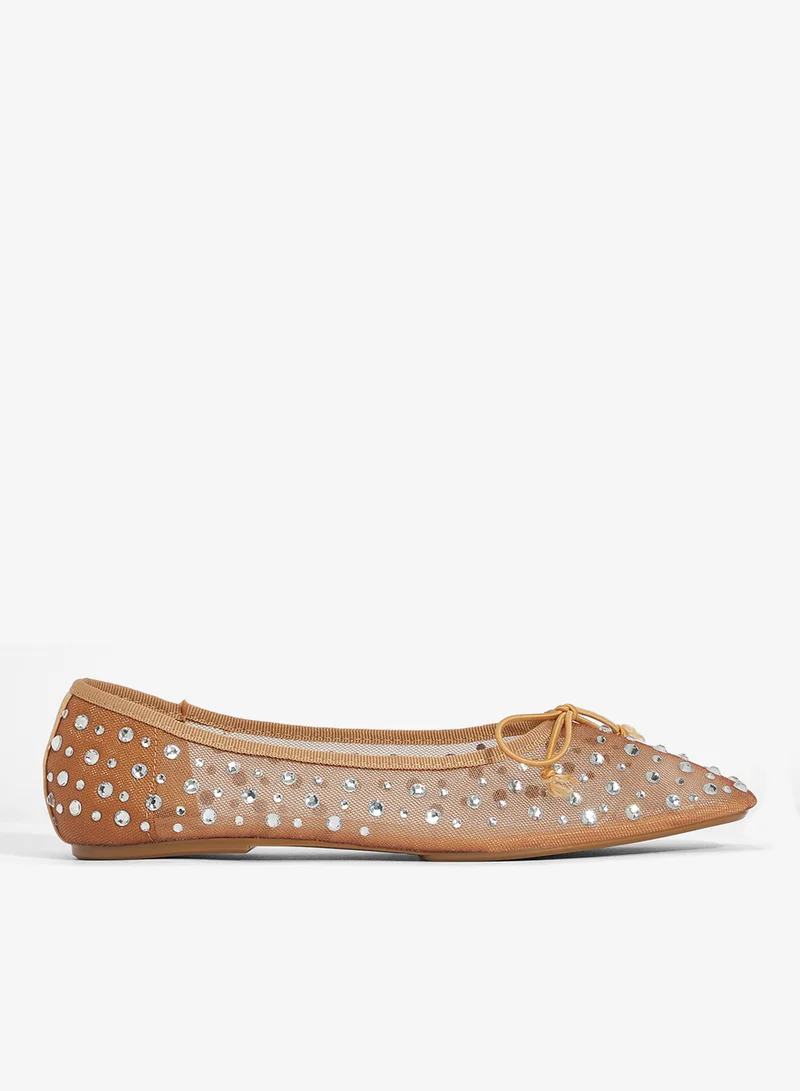 Rhinestone Embellished Mesh Detail Ballet Flats