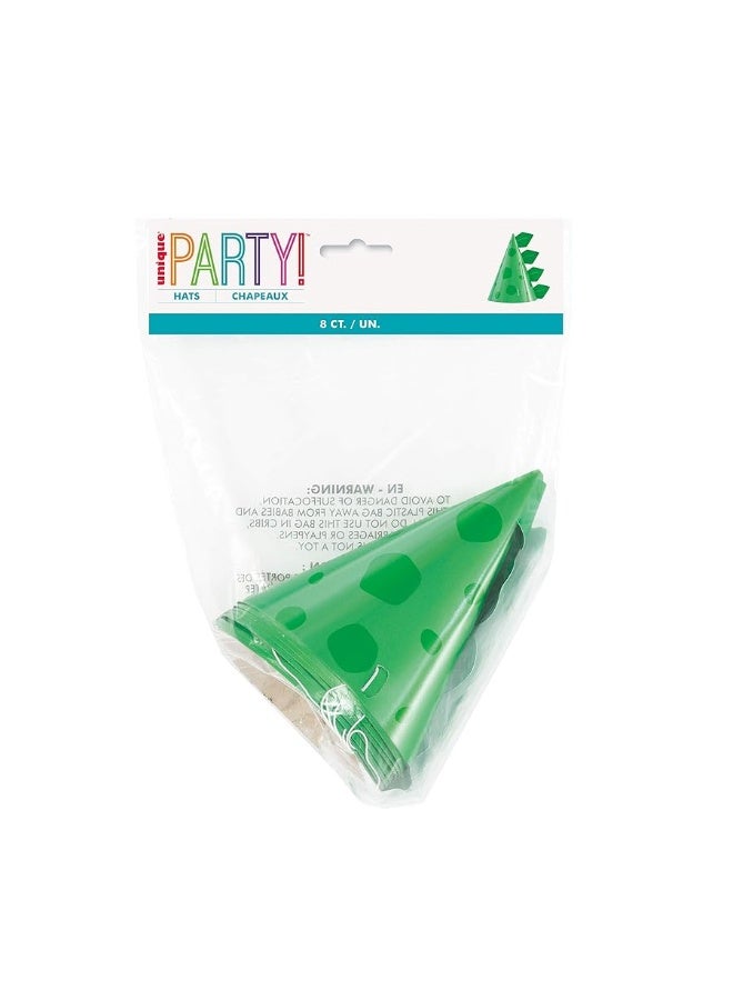 Unique Green Cone-Shaped Dinosaur Cardstock Party Hats (Pack of 8) - Perfect for Kids' Birthdays & Dino-Themed Celebrations - Image 1