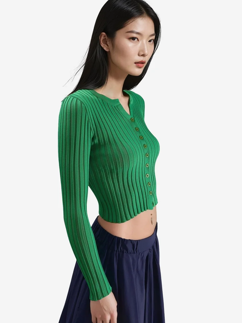 My Fashion Pine Green MY FASHION Fitted Ribbed Crop Sweater with Buttons for Women | Best Price UAE