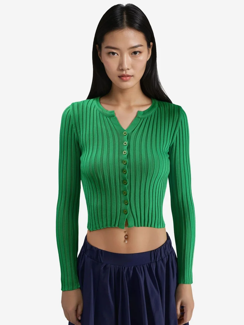 My Fashion Pine Green MY FASHION Fitted Ribbed Crop Sweater with Buttons for Women | Best Price UAE