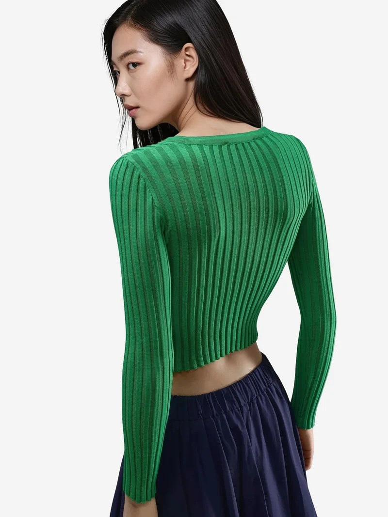 My Fashion Pine Green MY FASHION Fitted Ribbed Crop Sweater with Buttons for Women | Best Price UAE
