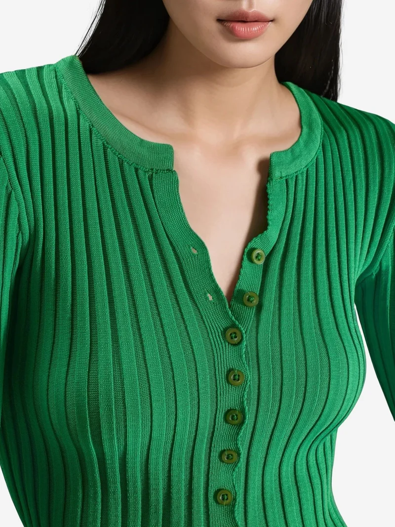 My Fashion Pine Green MY FASHION Fitted Ribbed Crop Sweater with Buttons for Women | Best Price UAE
