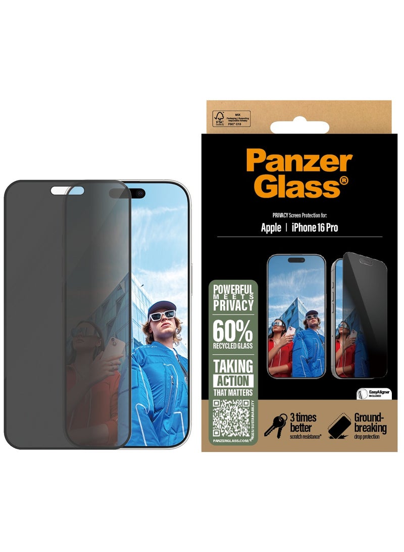 PanzerGlass حماية شاشة بانزر جلاس® للخصوصية لجهاز آبل آيفون 16 برو زجاج مقسى، مقاومة عالية للخدوش، مقاومة للصدمات، طلاء خالي من البقع - مع مساعدة في التركيب لتسهيل التثبيت - Image 1