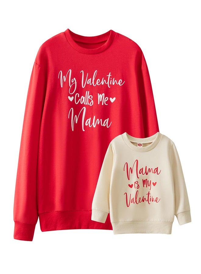 Karuedoo Mommy and Me Valentines Outfits Family Matching Shirts Letter Print Crewneck Long Sleeve Sweatshirt Pullover Top (Baby, 12-18 Months, Beige Red) - Image 1