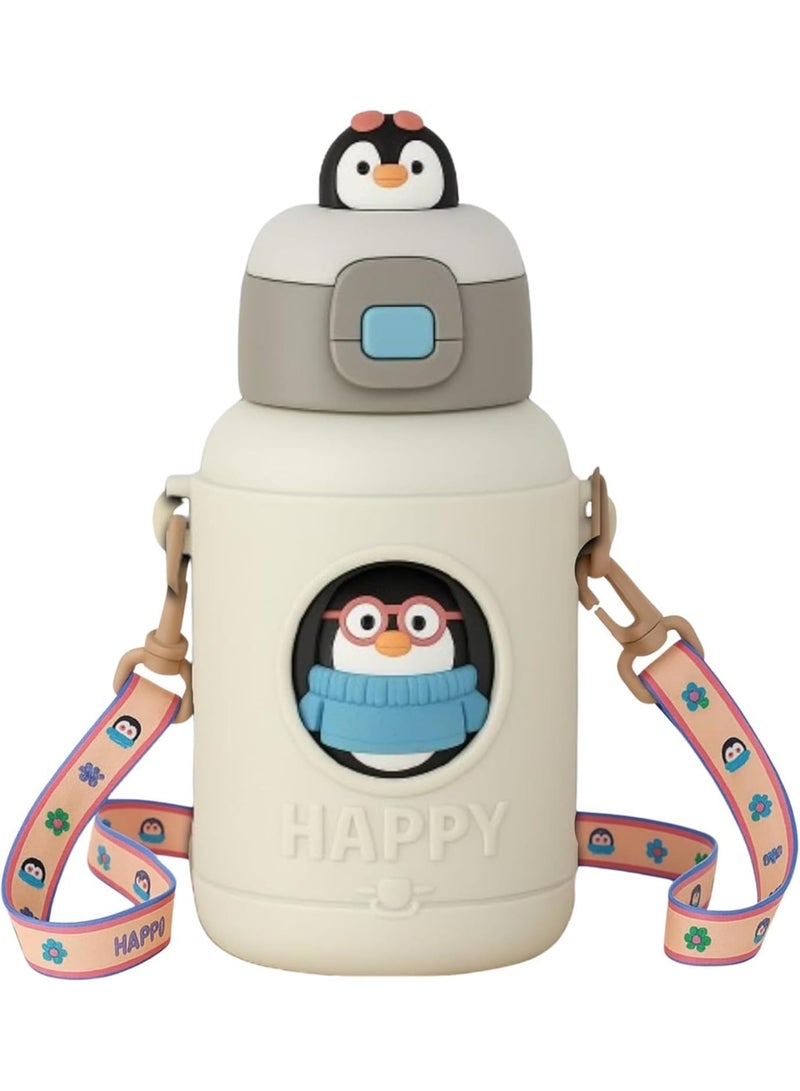 Twisoo Kids Stainless Steel Insulated Water Bottle 500ml – Double Wall Vacuum Flask with Straw, Leak-Proof Flip Cap,penguin design, & Durable Drink Bottle for School, Travel & Outdoor Use. - Image 1