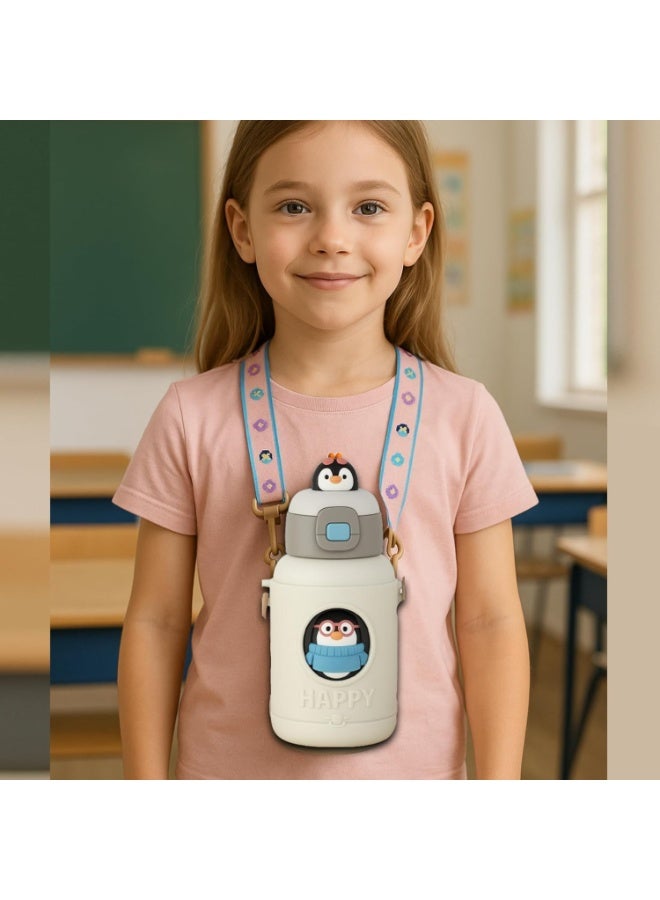 Twisoo Kids Stainless Steel Insulated Water Bottle 500ml – Double Wall Vacuum Flask with Straw, Leak-Proof Flip Cap,penguin design, & Durable Drink Bottle for School, Travel & Outdoor Use. - Image 3