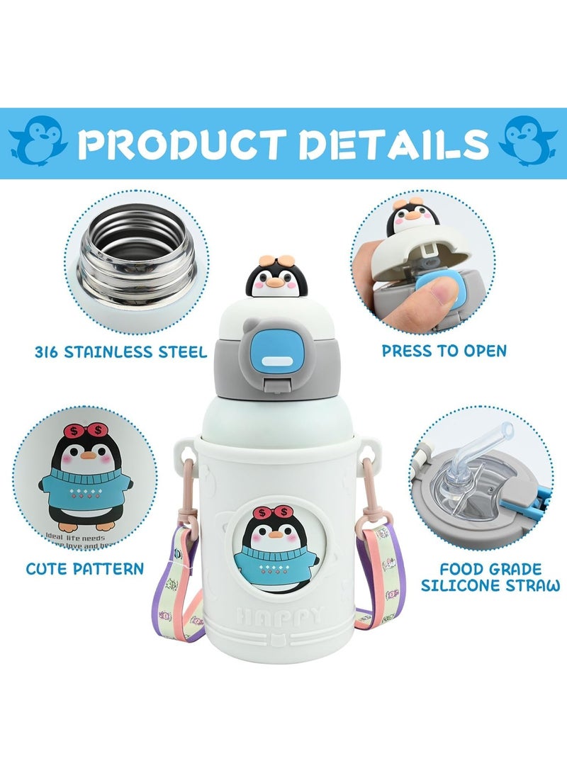 Twisoo Kids Stainless Steel Insulated Water Bottle 500ml – Double Wall Vacuum Flask with Straw, Leak-Proof Flip Cap,penguin design, & Durable Drink Bottle for School, Travel & Outdoor Use. - Image 2